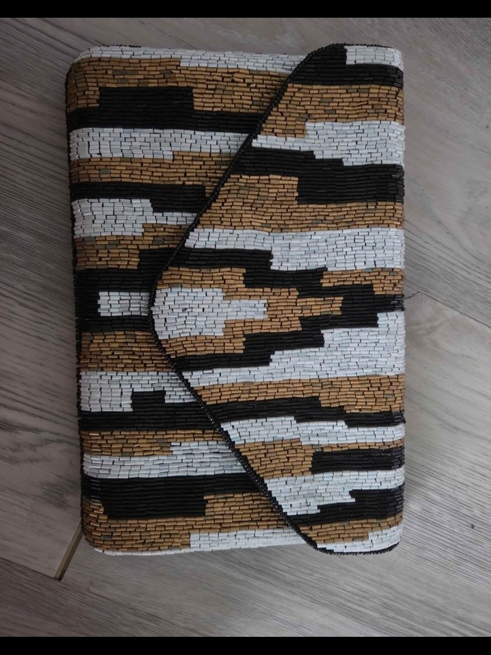 New Beaded Envelope Clutch in White, Black & Gold